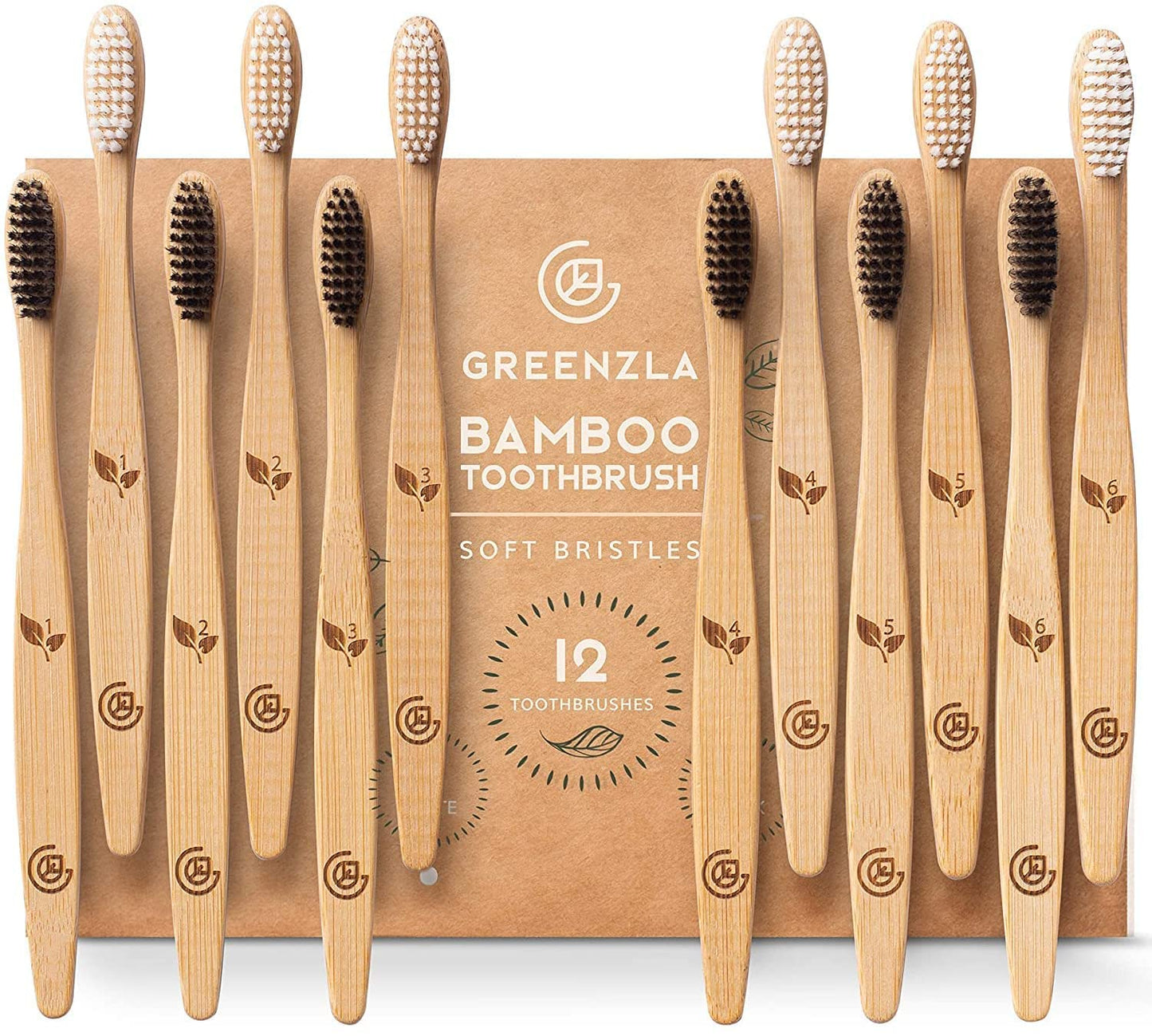 Greenzla Biodegradable Bamboo Toothbrushes, 12 Pack Sturdy BPA Free Soft Bristles Toothbrushes for Adults with Toothbrush Travel Case & Charcoal Dental Floss, Organic & Compostable Wooden Toothbrushes