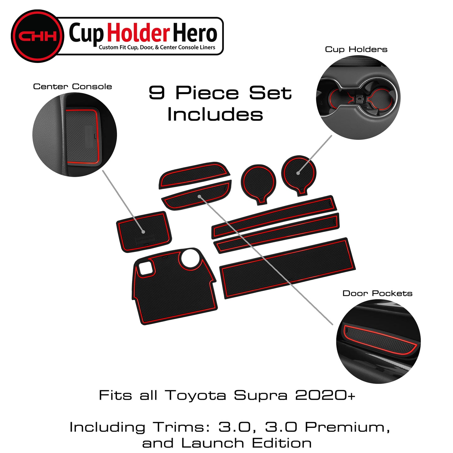 CupHolderHero fits Toyota Supra Accessories 2020-2024 Premium Custom Interior Non-Slip Anti Dust Cup Holder Inserts, Center Console Liner Mats, Door Pocket Liners 9pc Set (Red Trim)