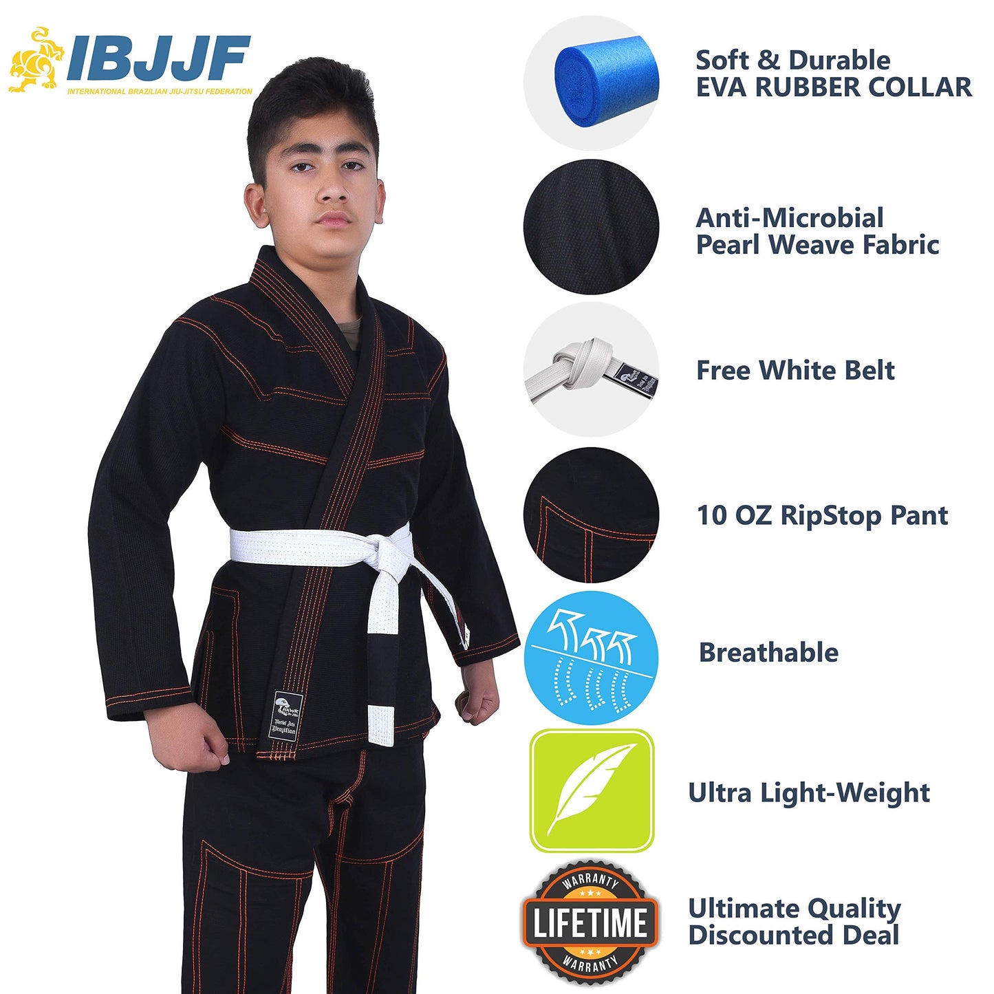 Kids BJJ Gi for Kids IBJJF Youth Grappling Children's Brazilian Jiu Jitsu Gi Kimono Lightweight Uniform with Free Belt