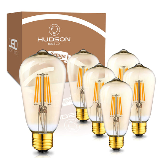 Hudson Vintage LED Edison 6W Light Bulbs (6 Pack) - 2200K Dimmable Warm Lightbulbs (60W Equivalent) - E26/27 Base Amber Gold Tint Glass Light Bulbs - ST58 Style Decorative Light Bulb Set