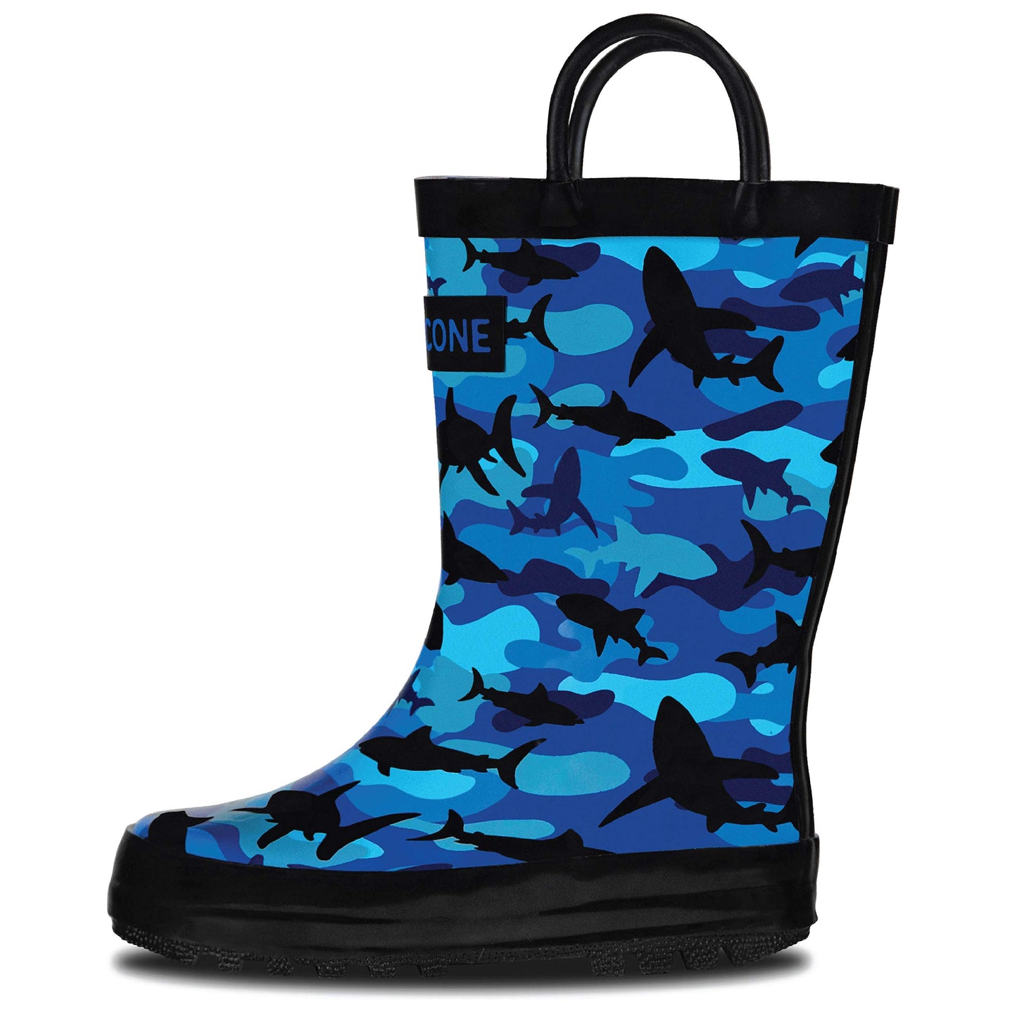 Lone Cone Rain Boots with Easy-On Handles in Fun Patterns for Toddlers and Kids, Shark Shadows (Camo), 7 Toddler