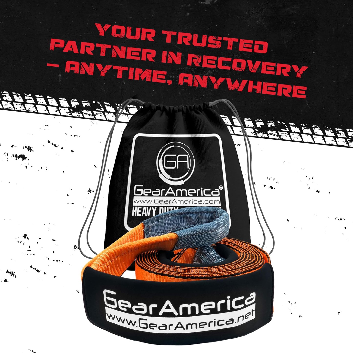 GearAmerica Tow Strap Heavy Duty Tree Saver Winch Strap Max Break Strength Tow Rope Recovery Straps Offroad – Weather Resistant Recovery Rope + Triple Reinforced Loops Towing Strap