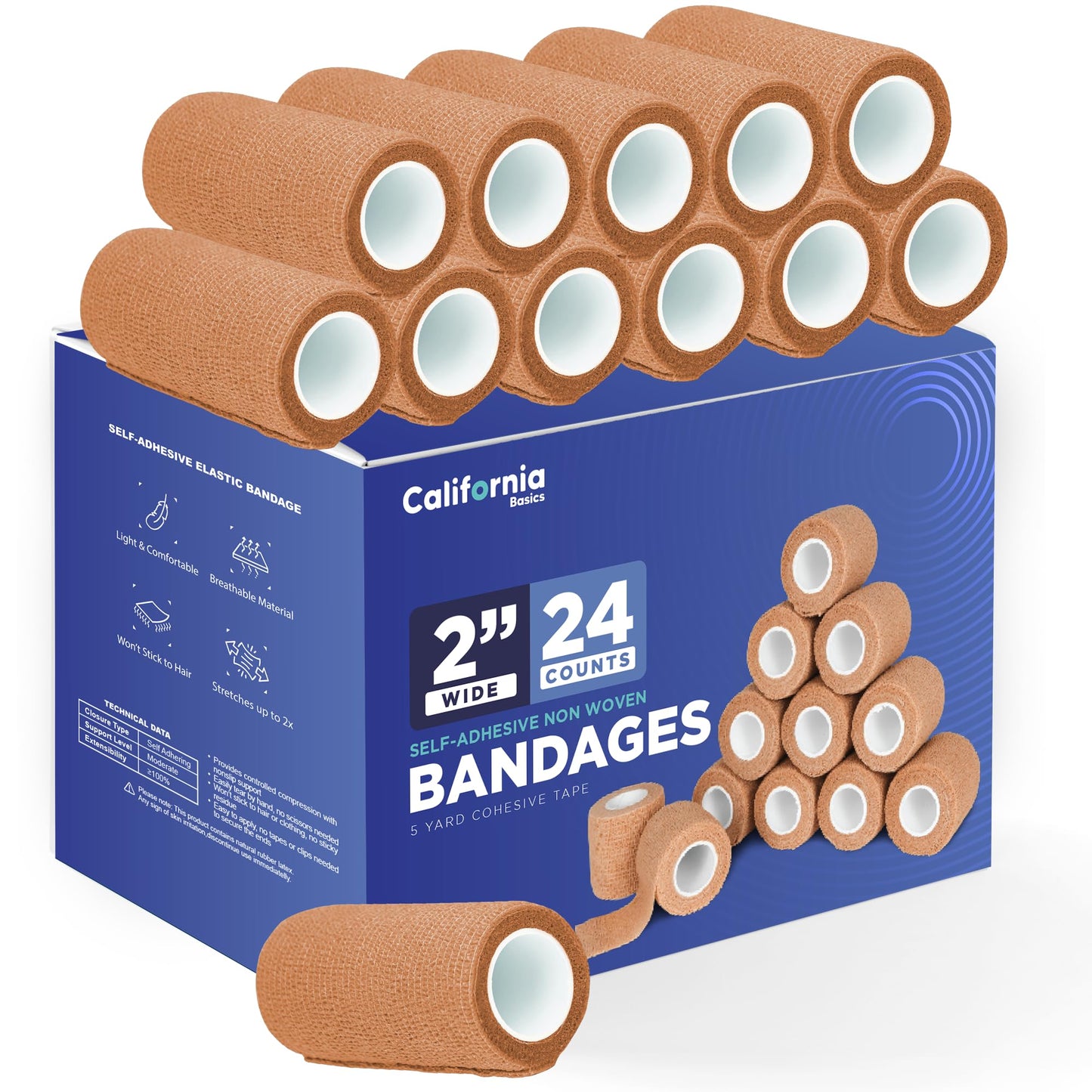 Self-Adhesive Bandage Wrap - Suitable for All Sports - Breathable Athletic Tape for Wrists - Knee and Ankle - Self Adhesive Bandage- 2 Inch- 24 Pack - Brown