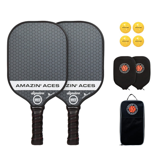 Amazin' Aces Signature Pickleball Paddle Set | USAPA Approved | Graphite Face & Polymer Core | Premium Grip | includes Paddles, Balls, Paddle Covers, Bag & eBook | 2 Paddle Set (Grey & Grey)