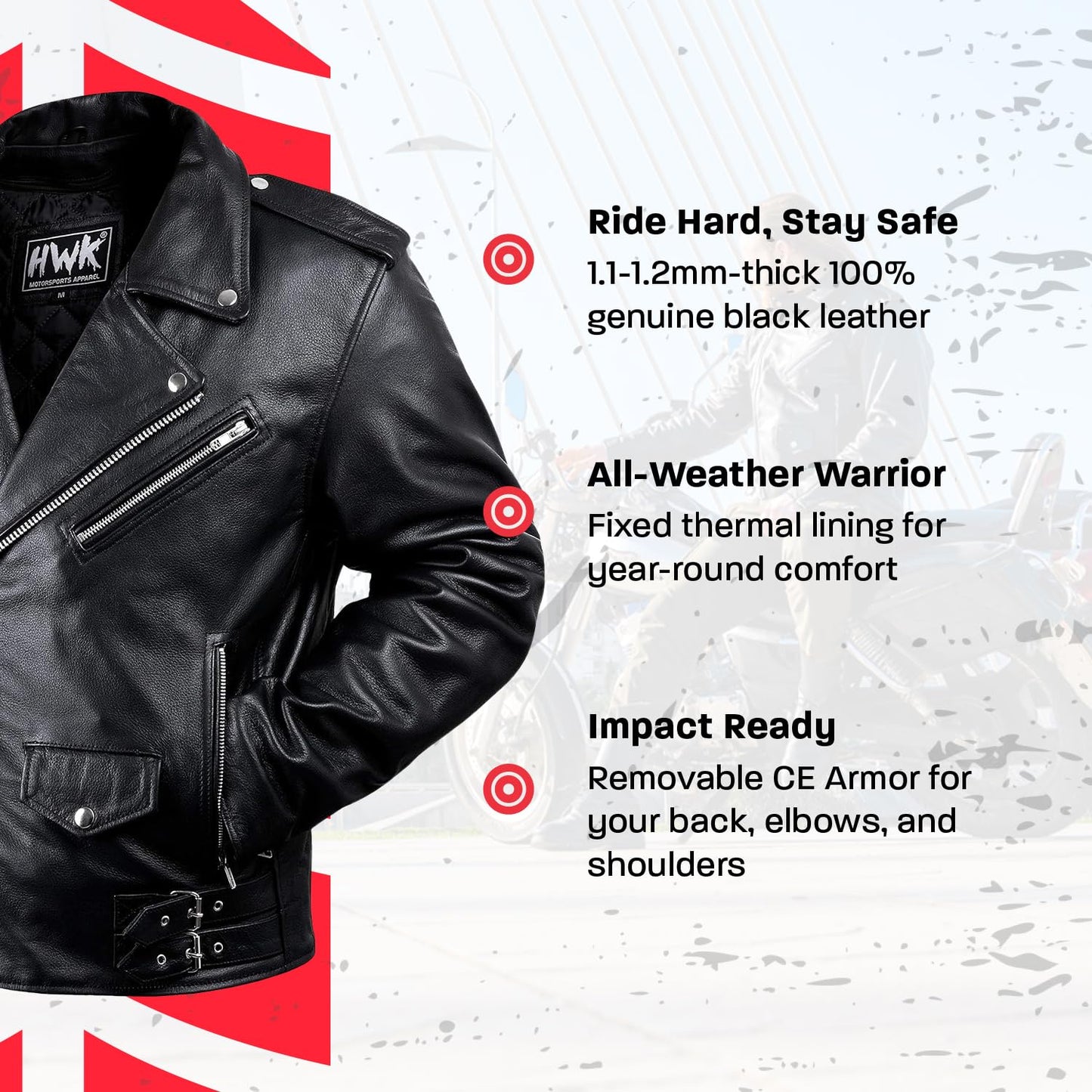 HWK Brando Leather Motorcycle Jacket for Men, Genuine Black Leather Jacket with Removable CE Armor for Motorbike Riding