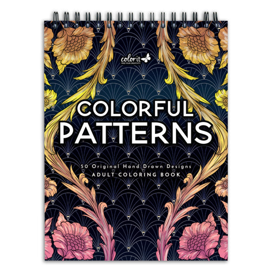 Colorful Patterns Spiral Bound Adult Coloring Book, 50 Original Designs with Perforated Pages, Lay Flat Hardback Book Cover, Ink Blotter Paper | for Arts and Crafts, Coloring Books for Adults