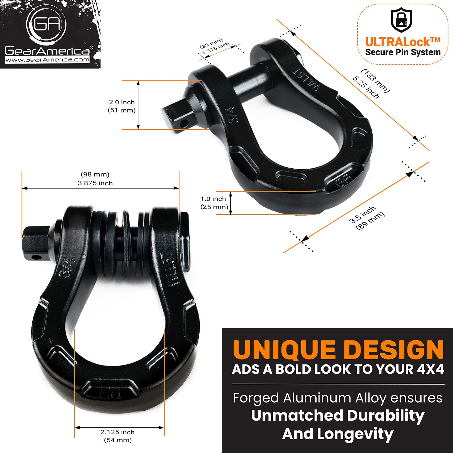 GearAmerica Aluminum ULTRA Bow Shackles with AntiTheft Locking Pin | 30,000 LBS MBS (10,000 LBS WLL)