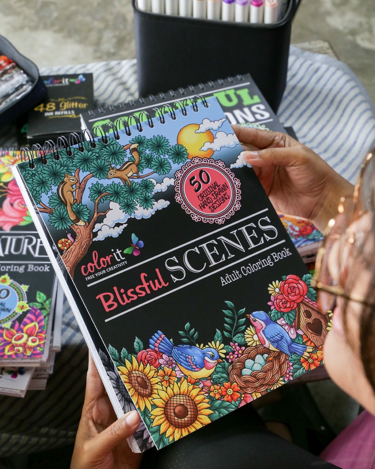 Blissful Scenes Adult Coloring Book - Features 50 Original Hand Drawn Designs Printed on Artist Quality Paper, Hardback Covers, Spiral Binding, Perforated Pages, Bonus Blotter