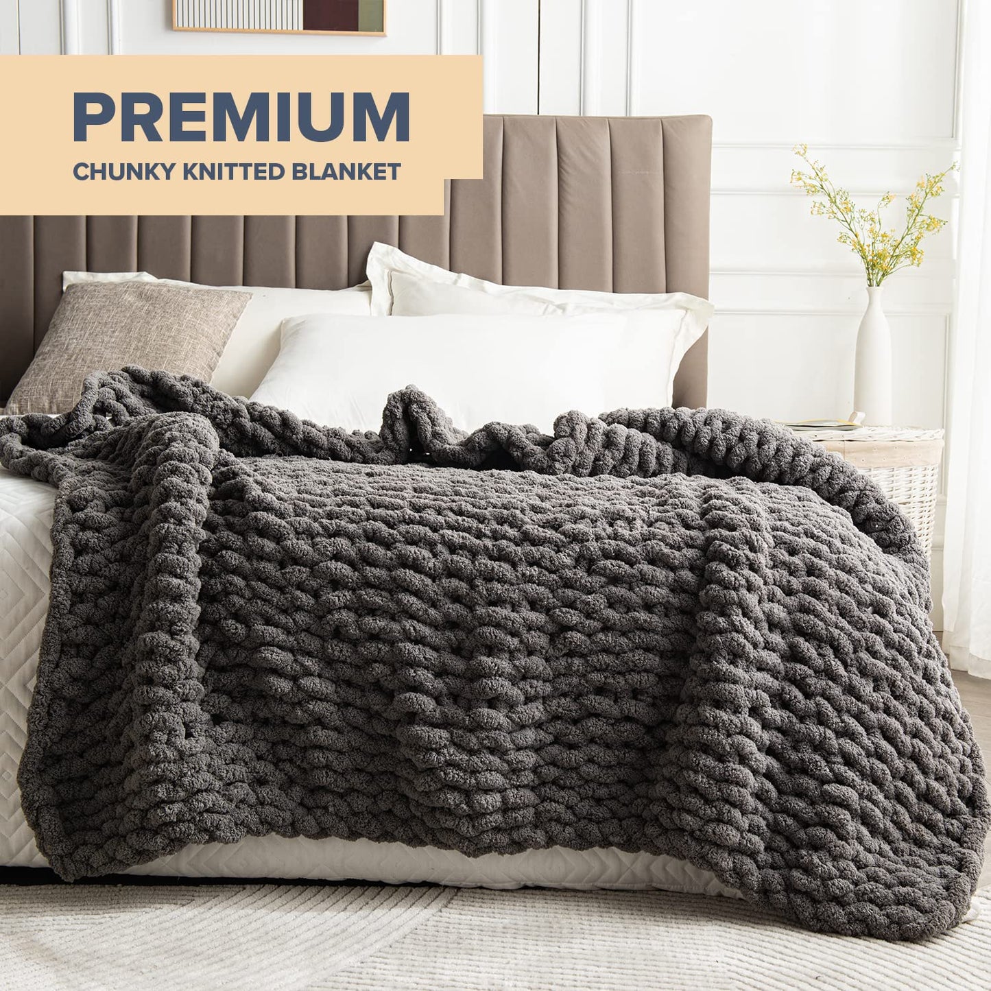 Chunky Knit Blanket Throw - 50"x60" 3.7 lbs. - Soft Chenille Yarn Knitted Blanket -Machine Washable Crochet Blanket - Handmade Cable Knit Throw Blanket for Couch, Bed (Slate Grey)