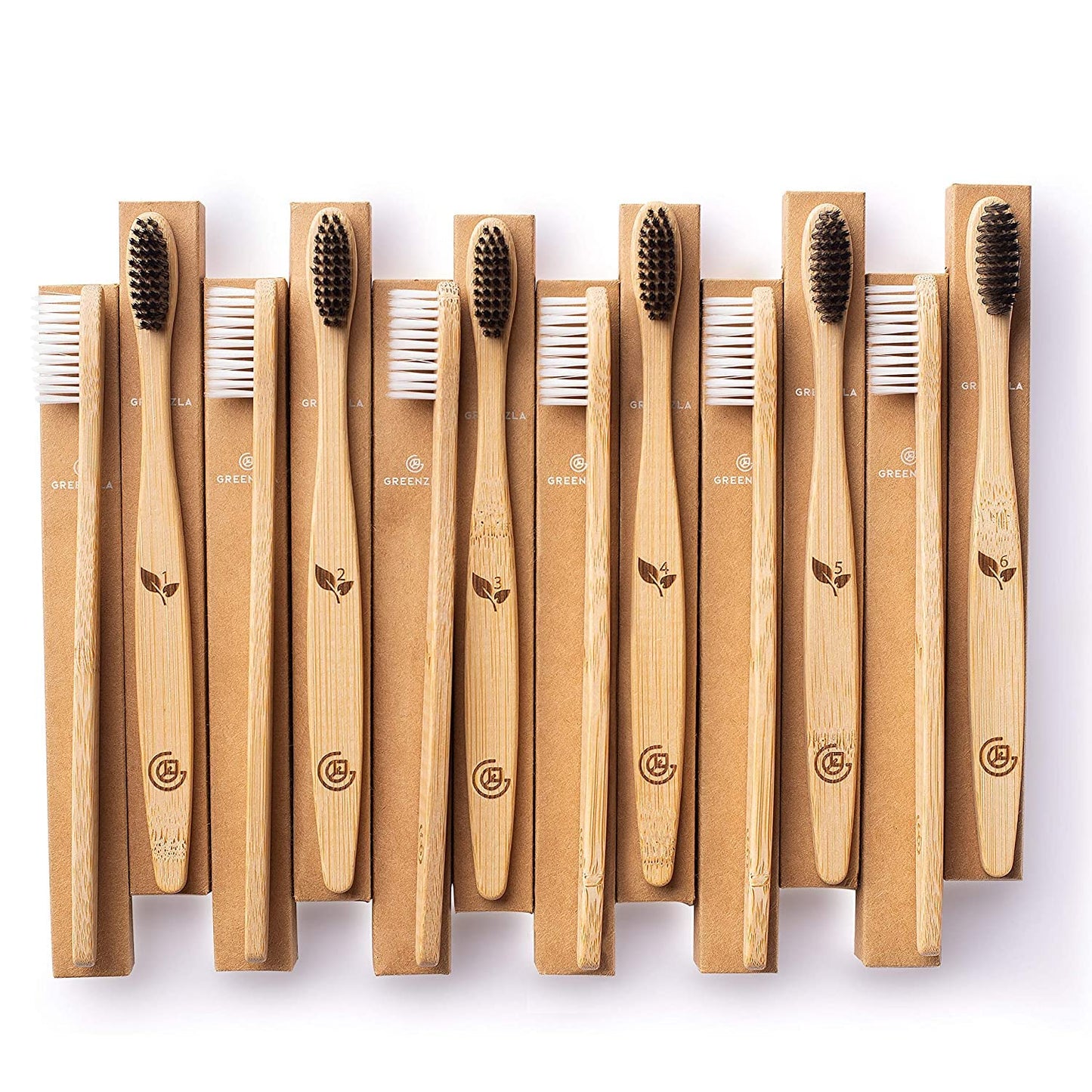 Greenzla Biodegradable Bamboo Toothbrushes, 12 Pack Sturdy BPA Free Soft Bristles Toothbrushes for Adults with Toothbrush Travel Case & Charcoal Dental Floss, Organic & Compostable Wooden Toothbrushes