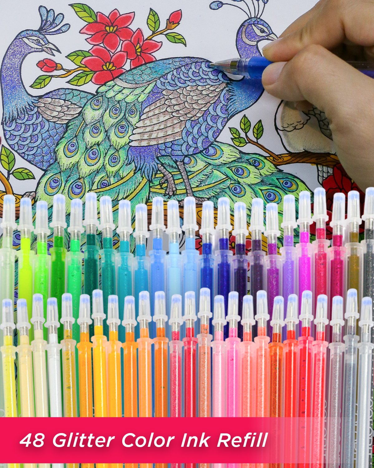 ColorIt 48 Gel Pen Ink Refills for Glitter, Metallic, and Neon - Color Coded for Easy Replacement