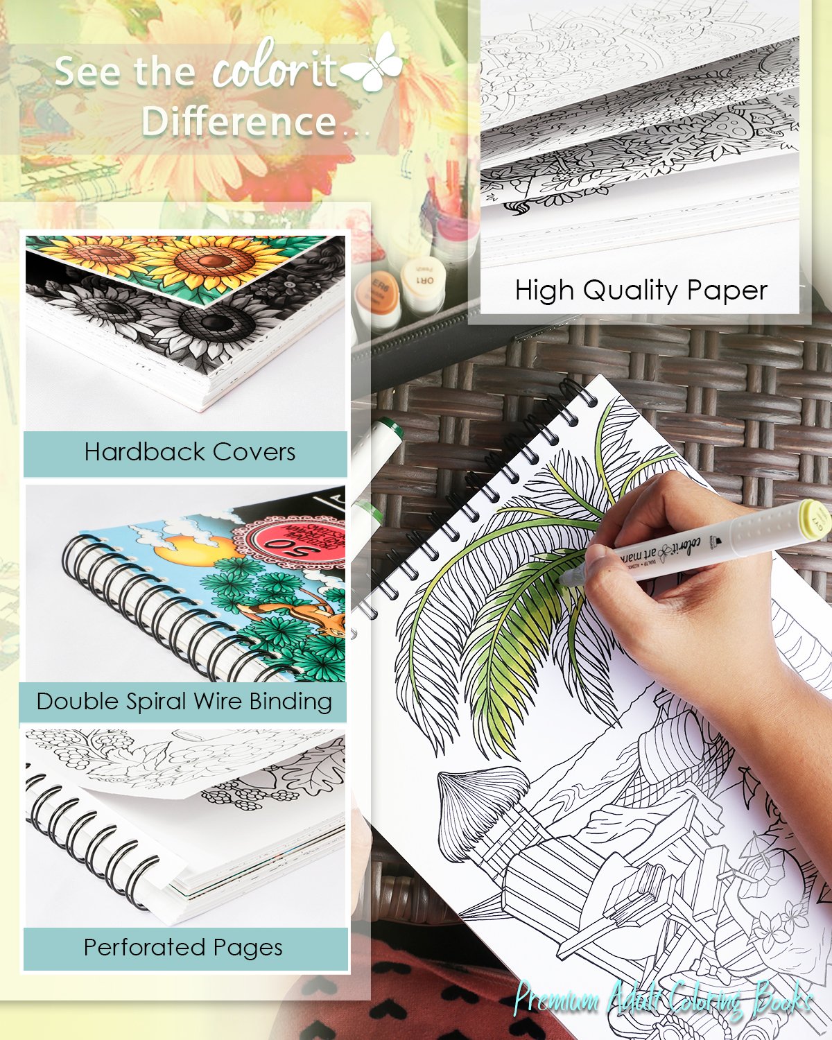 Blissful Scenes Adult Coloring Book - Features 50 Original Hand Drawn Designs Printed on Artist Quality Paper, Hardback Covers, Spiral Binding, Perforated Pages, Bonus Blotter