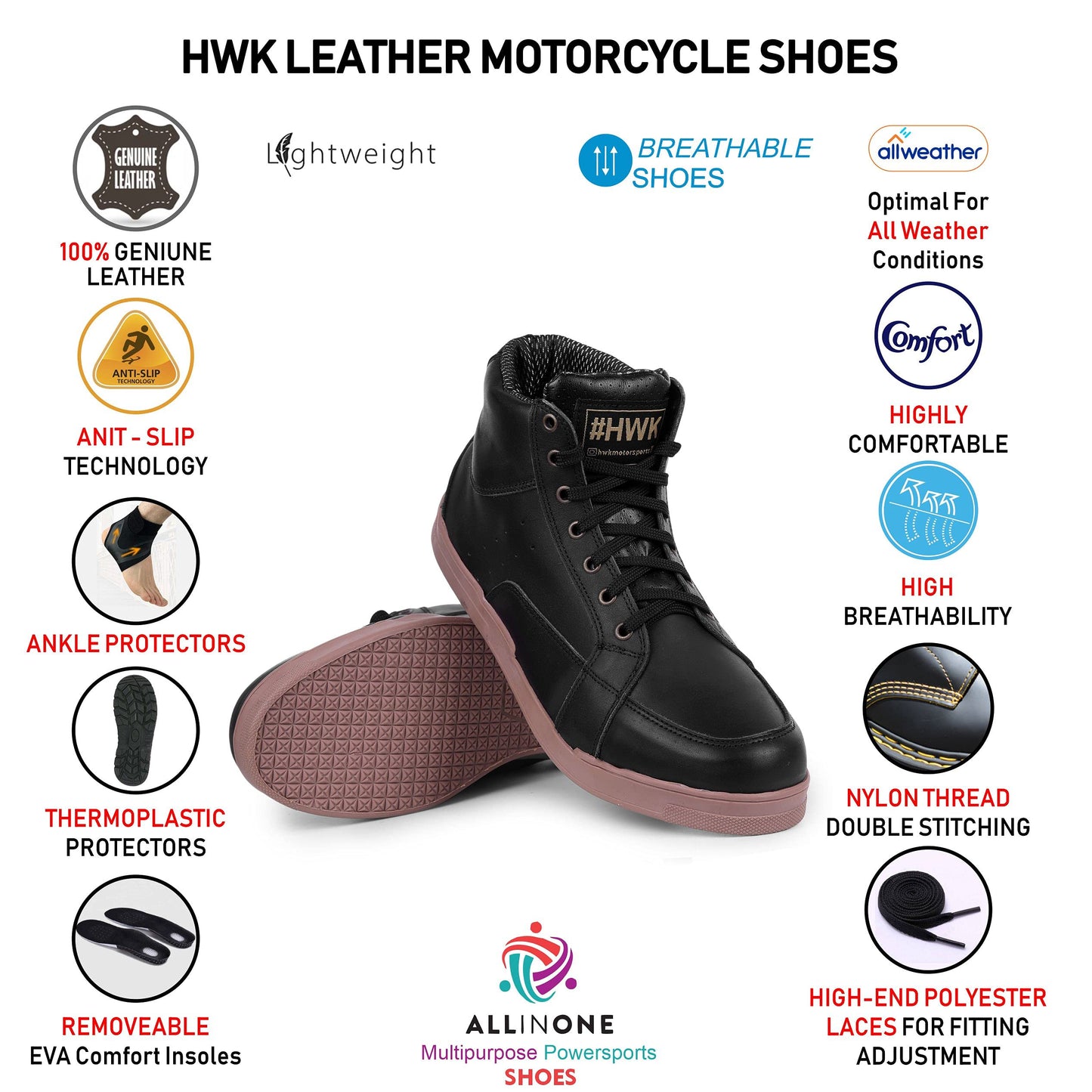 HWK Motorcycle Shoes Leather Street Riding Powersports Tactical Casual Protective Gear Accessories Footwear Boots