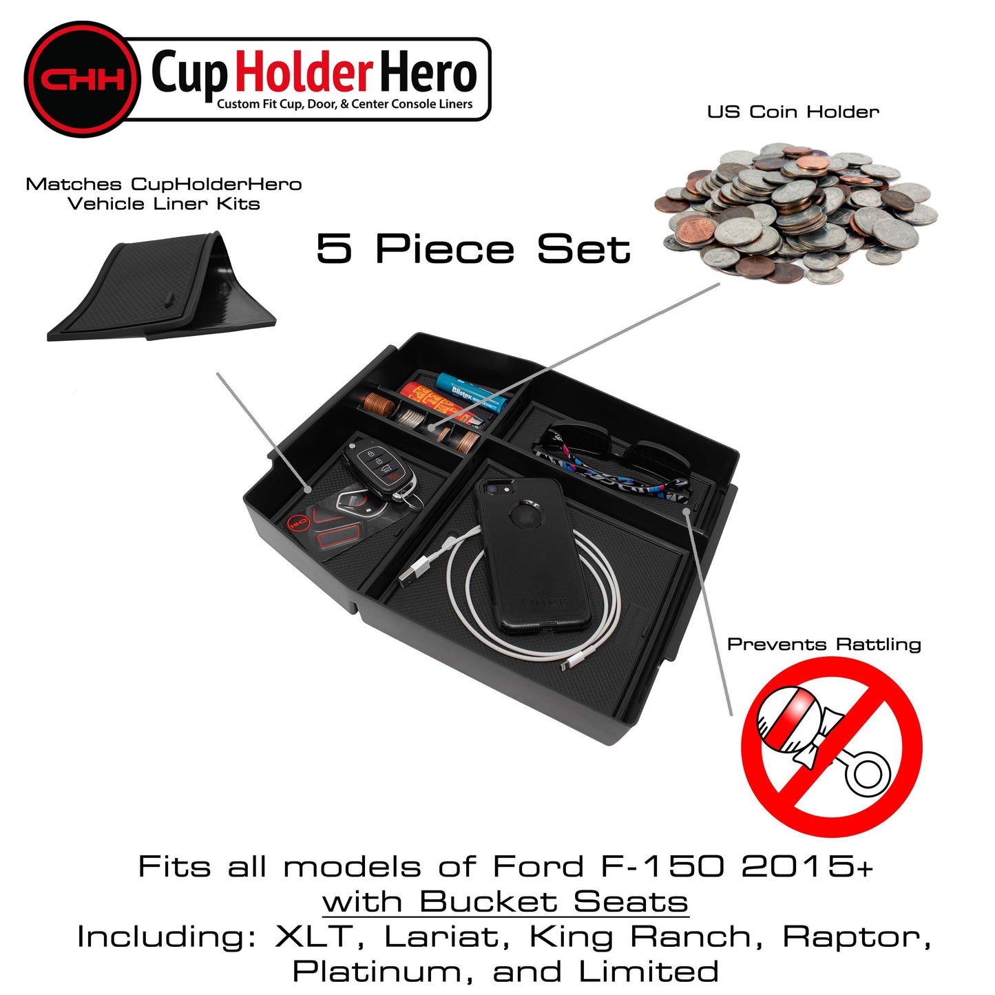 CupHolderHero Ford F150 2015-2020 - Premium Console Tray Organizer with Liners Kit (Bucket Seat)