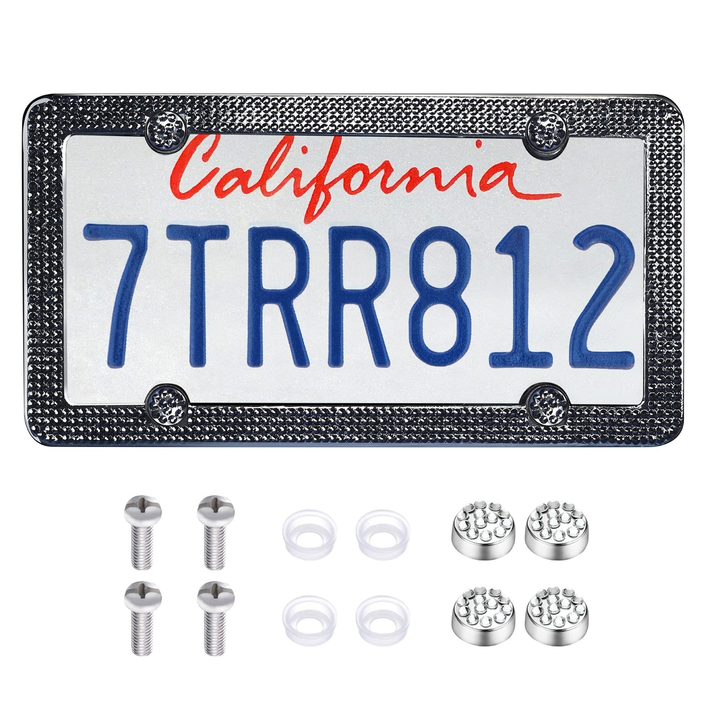 1 Pack Luxury Handcrafted Black Rhinestone Premium 4-Hole Stainless Steel Bling License Plate Frame with Gift Box | 1000+ pcs Finest 14 Facets SS20 Black Rhinestone Crystal | Anti-Theft Screw Cap