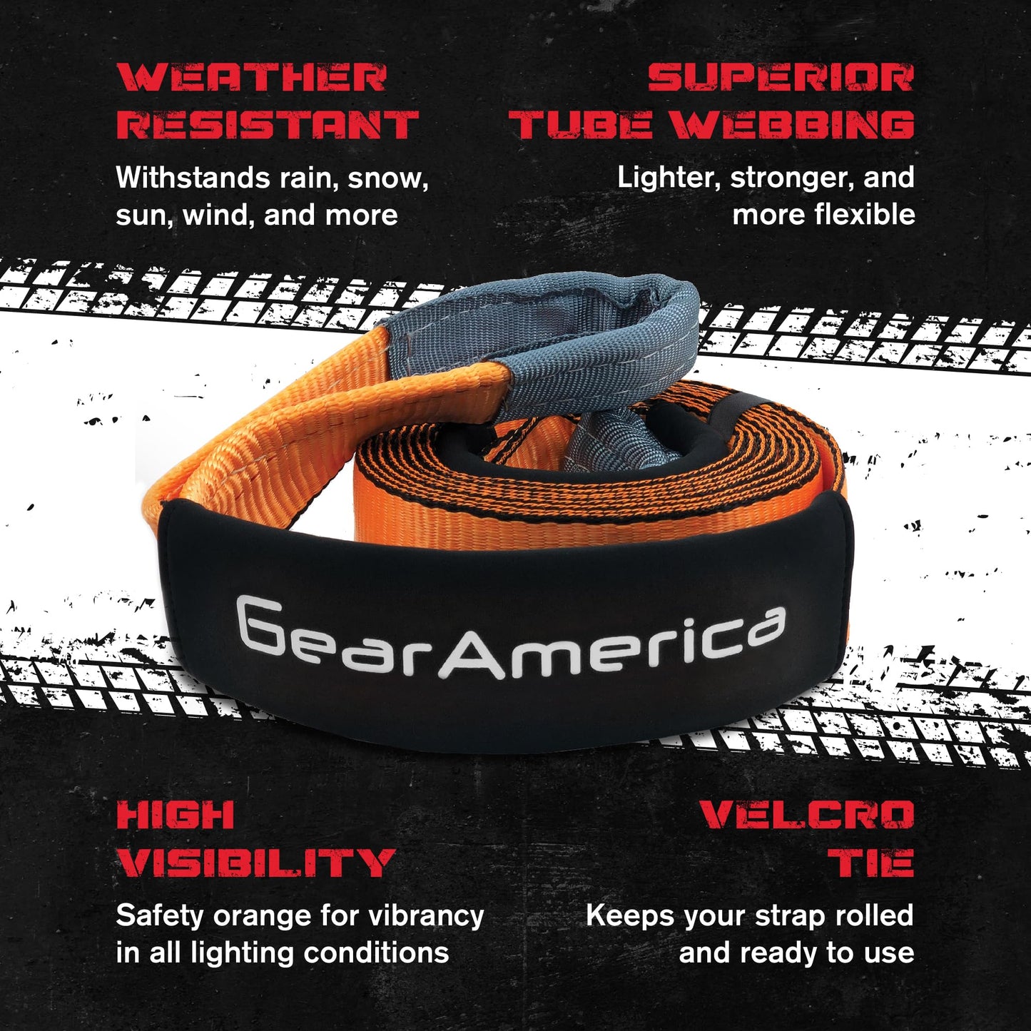 GearAmerica Tow Strap Heavy Duty Tree Saver Winch Strap Max Break Strength Tow Rope Recovery Straps Offroad – Weather Resistant Recovery Rope + Triple Reinforced Loops Towing Strap