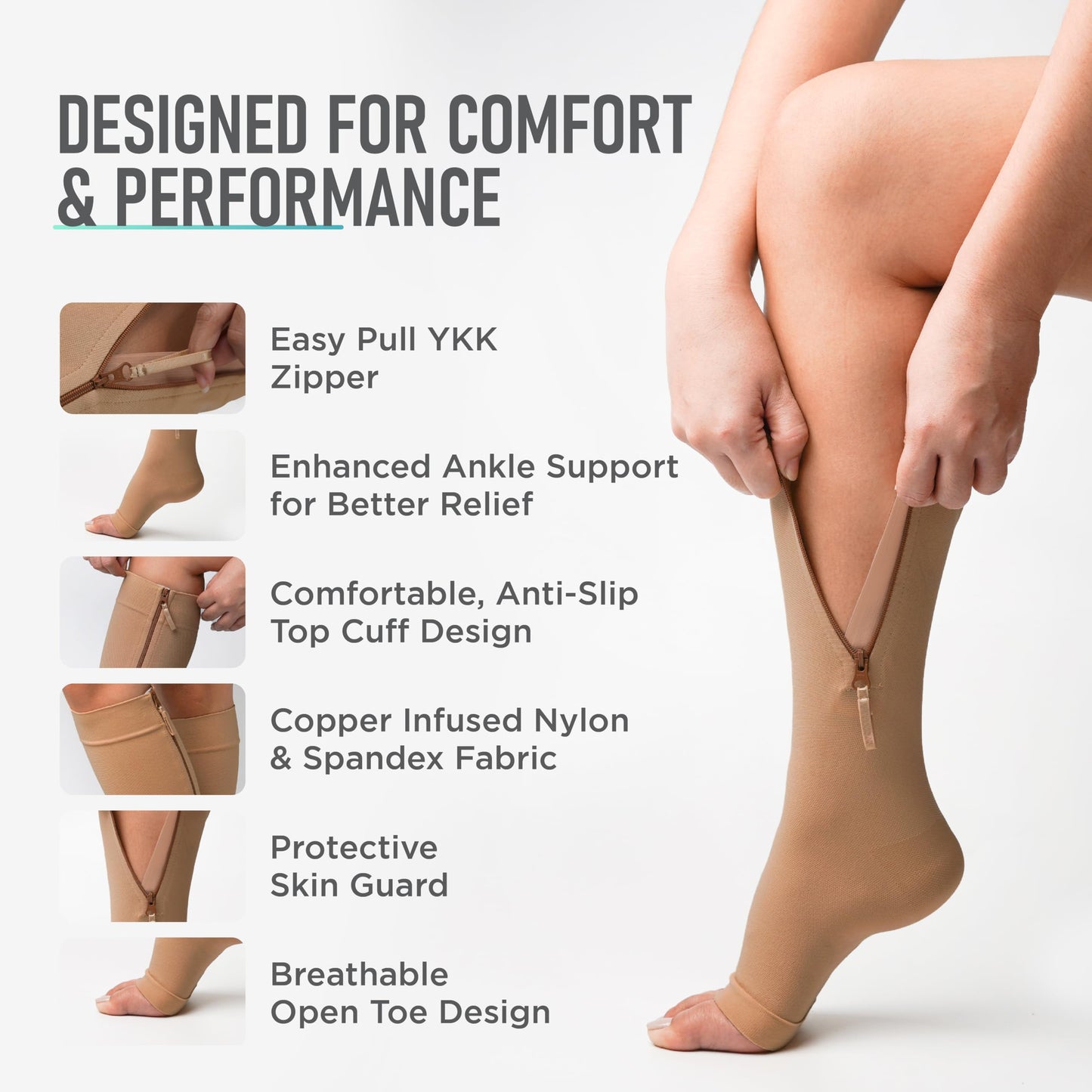 Lemon Hero Copper-Infused Open Toe Zippered Compression Socks 15-20mmHg | Toeless Knee High Compression Stockings for Women and Men | Provide Blood circulation Support and Varicose Vein Relief