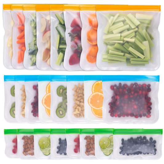 Greenzla Reusable Storage Bags ? 24 Pack BPA FREE Freezer Bags (8 Reusable Gallon Bags & 8 Reusable Sandwich Bags & 8 Reusable Snack Bags), EXTRA THICK & Leakproof Reusable Lunch Bags for Food