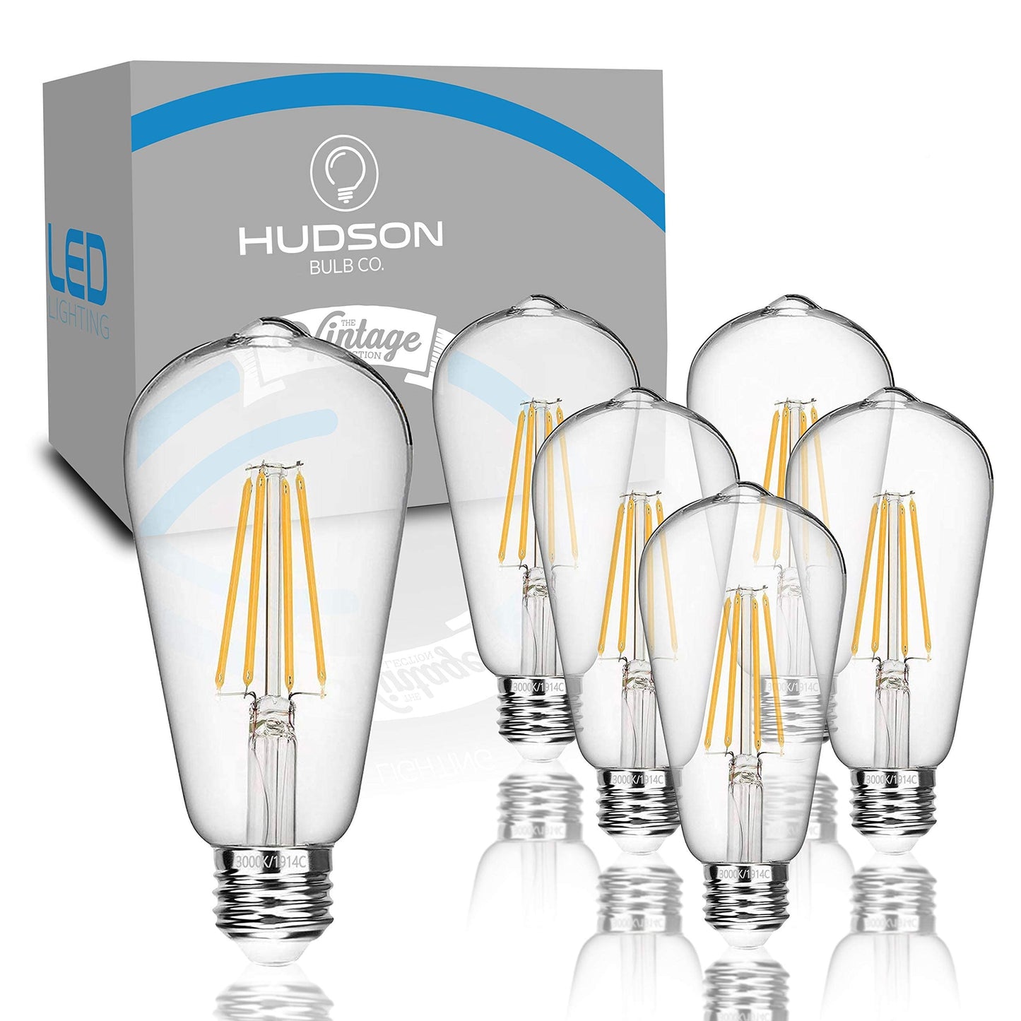 HUDSON BULB CO. Vintage LED 6W Edison Light Bulbs (6 Pack) - E26/E27 Base Light Bulbs 60 watt - 4000K Daylight White Light Bulbs - ST58 Style Filament Light Bulbs Set