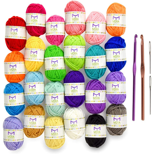 Mira HandCrafts 24 Acrylic Yarn Skeins | 525 Yards of Craft Yarn for Knitting and Crochet | Includes 2 Hooks, 2 Weaving Needles,7 E-Books as Crochet Accessories | Perfect Crochet kit for Beginners