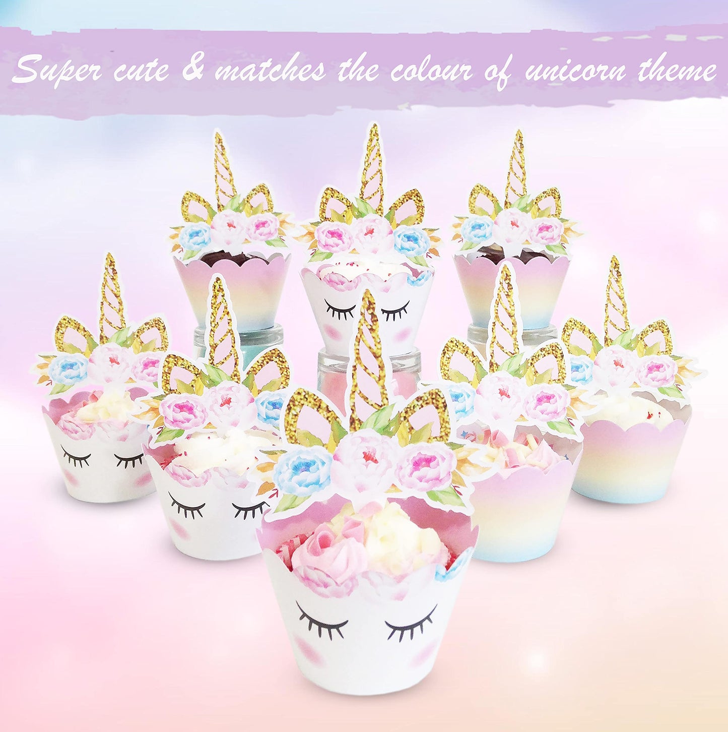 Unicorn Cupcake Toppers and Wrappers Decorations (30 of Each) - Reversible Rainbow Cup Cake Liners with Unicorn Topper | Cute Decorating Supplies for Girl Birthday Party