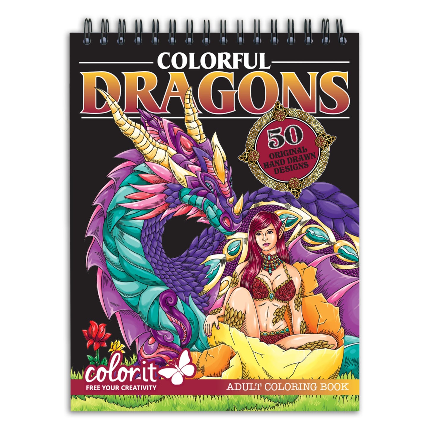 Colorful Dragons Adult Coloring Book - 50 Single-Sided Designs, Thick Smooth Paper, Lay Flat Hardback Covers, Spiral Bound, USA Printed, Dragon Pages to Color