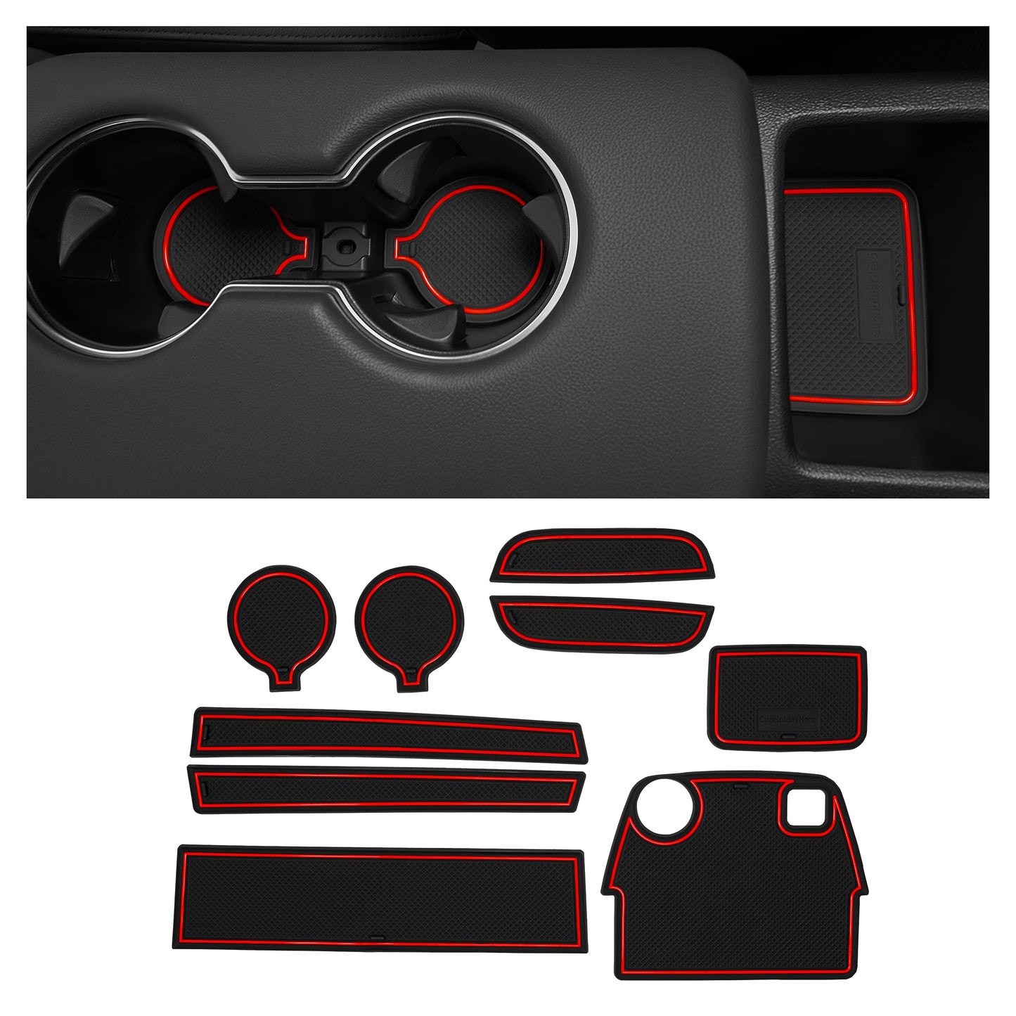 CupHolderHero fits Toyota Supra Accessories 2020-2024 Premium Custom Interior Non-Slip Anti Dust Cup Holder Inserts, Center Console Liner Mats, Door Pocket Liners 9pc Set (Red Trim)