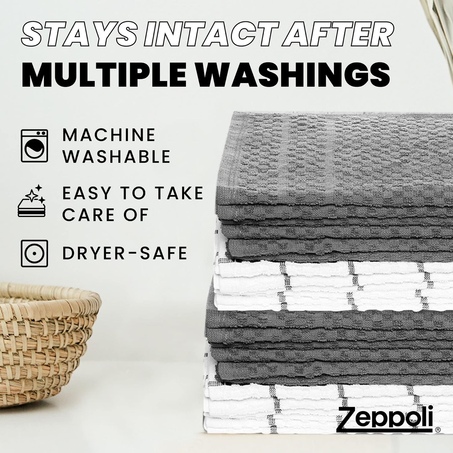 Zeppoli Classic Kitchen Towels - 12 Pack 100% Natural Cotton Kitchen Towel Set, Reusable Wash Cloths, Absorbent Dish Towels, Machine Washable Hand Towels, Kitchen Essentials - 15� by 25� - Gray