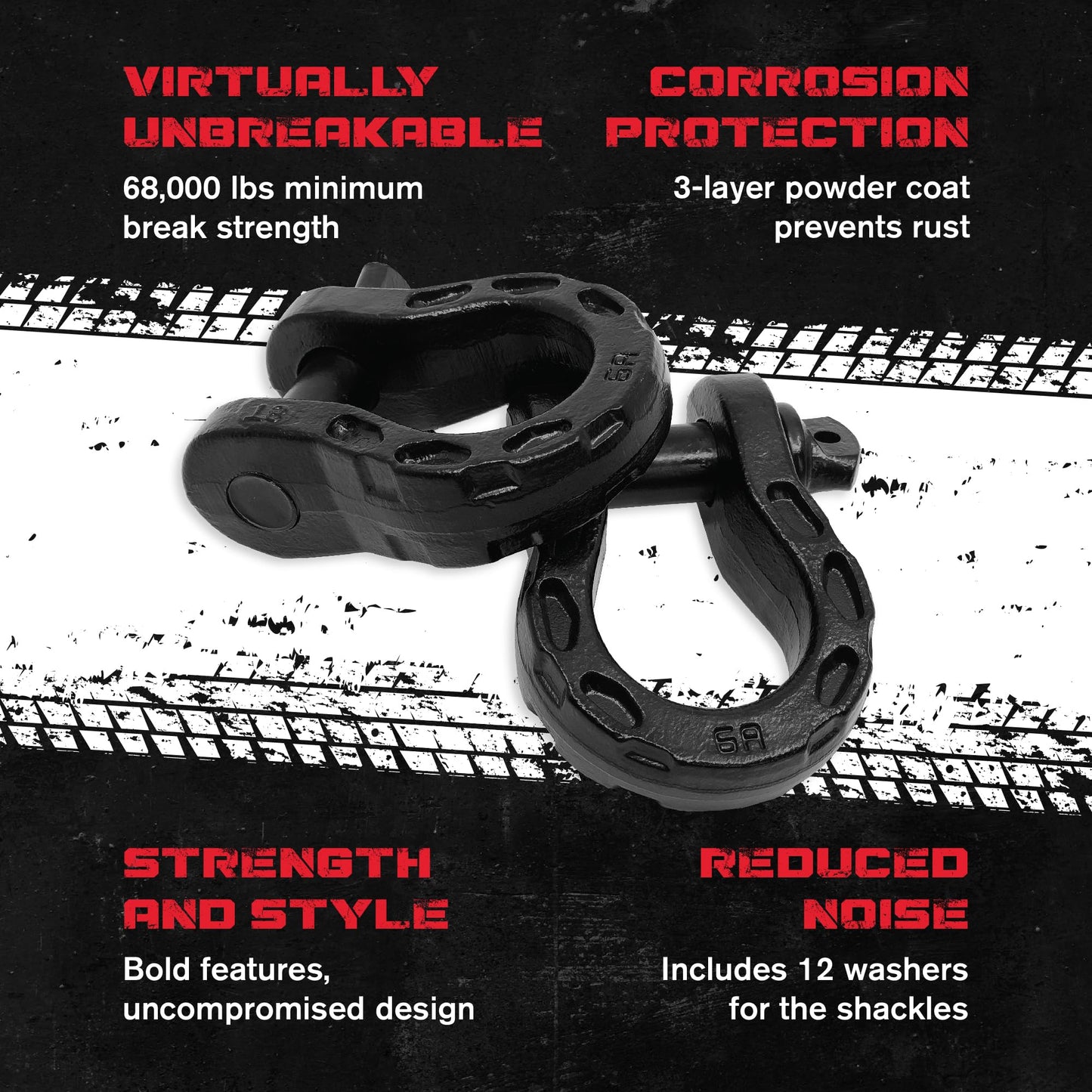 GearAmerica Mega Shackles® - Forged Carbon Steel | 68,000 lbs MBS (16,000 lbs WLL) | Off-Road Recovery Anchor Points