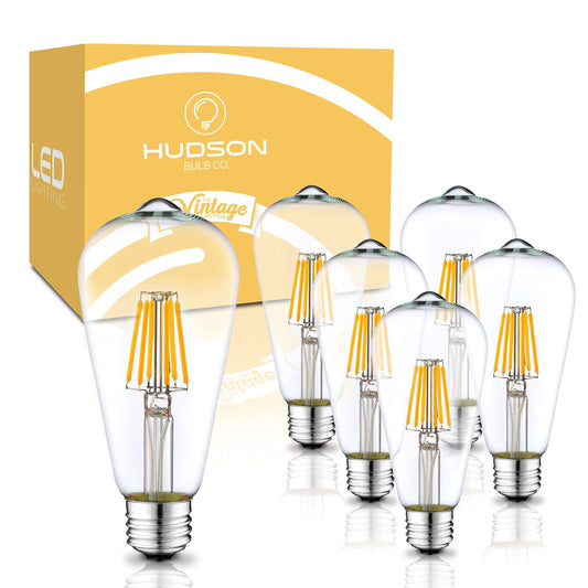 HUDSON BULB CO. Vintage LED Edison Light Bulbs 60W (6 Pack)- E26/E27 Base Dimmable Decorative Lightbulbs - ST58 Style Warm Light (2700k Soft White, 6 - Dimmable)