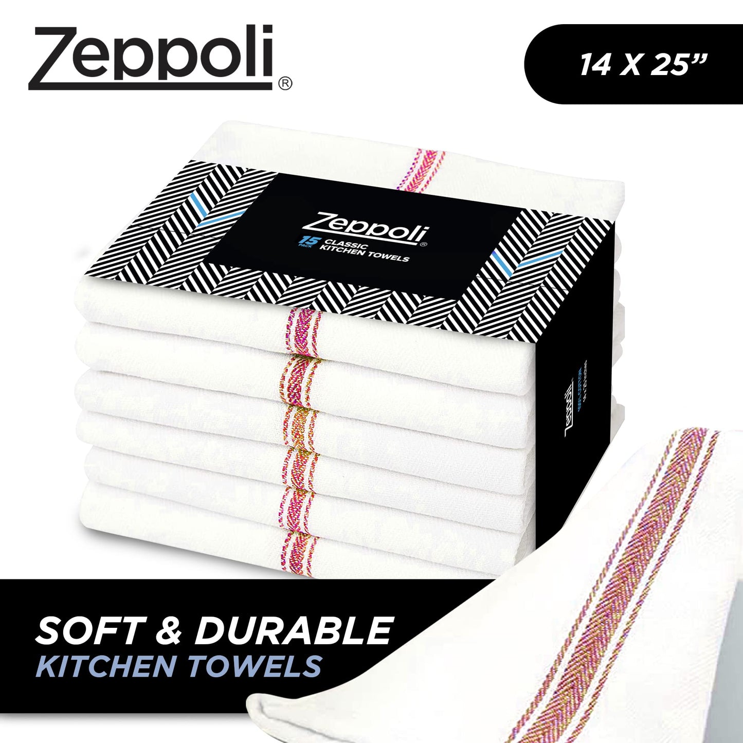 Zeppoli Classic Kitchen Towels -15 Pack 100% Natural Cotton Kitchen Towel Set, Reusable Wash Cloths, Absorbent Dish Towels, Machine Washable Hand Towels, Kitchen Essentials - 14" by 25 - Red Striped