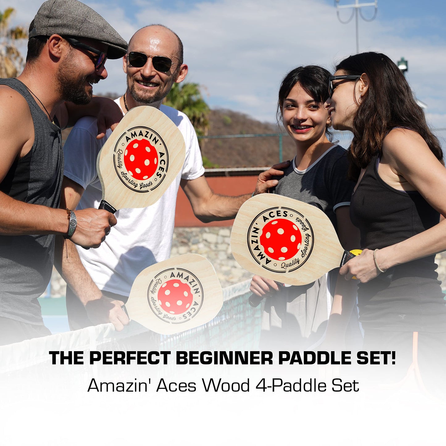 Amazin' Aces Pickleball Wood Paddles Set of 4 or 2 - Wood Pickleball Rackets for All Levels, Includes 4 Wooden Pickleball Paddles with Comfy Cushion Grip, 4 Pickleball Balls, and 1 Pickleball Bag