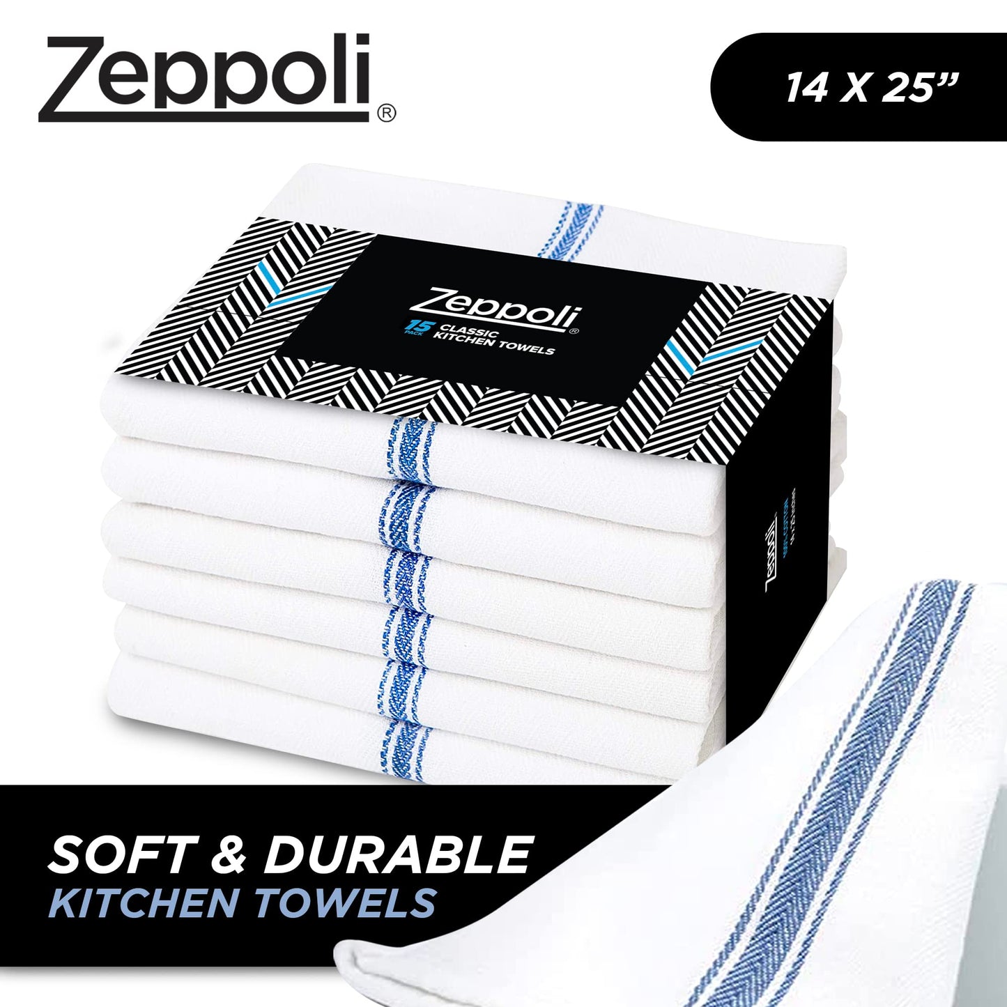 Zeppoli Classic Kitchen Towels - 30 Pack 100% Natural Cotton Kitchen Towel Set, Reusable Wash Cloths, Absorbent Dish Towels, Machine Washable Hand Towels, Kitchen Essentials - 14� by 25�, Blue Striped