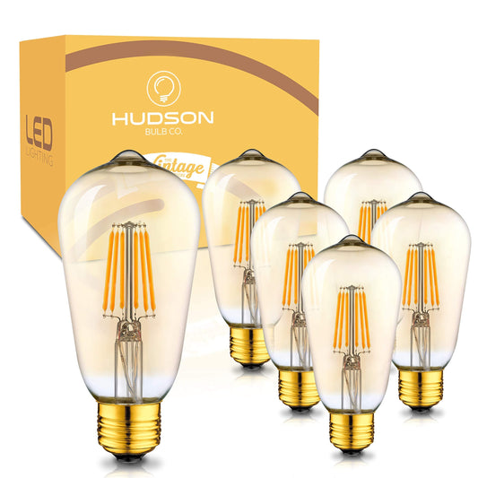 HUDSON BULB CO. Vintage LED Edison Light Bulbs 60W (6 Pack)- E26/E27 Base Dimmable Decorative Lightbulbs - ST58 Style Warm Light (2700K Warm, 6 - Dimmable)