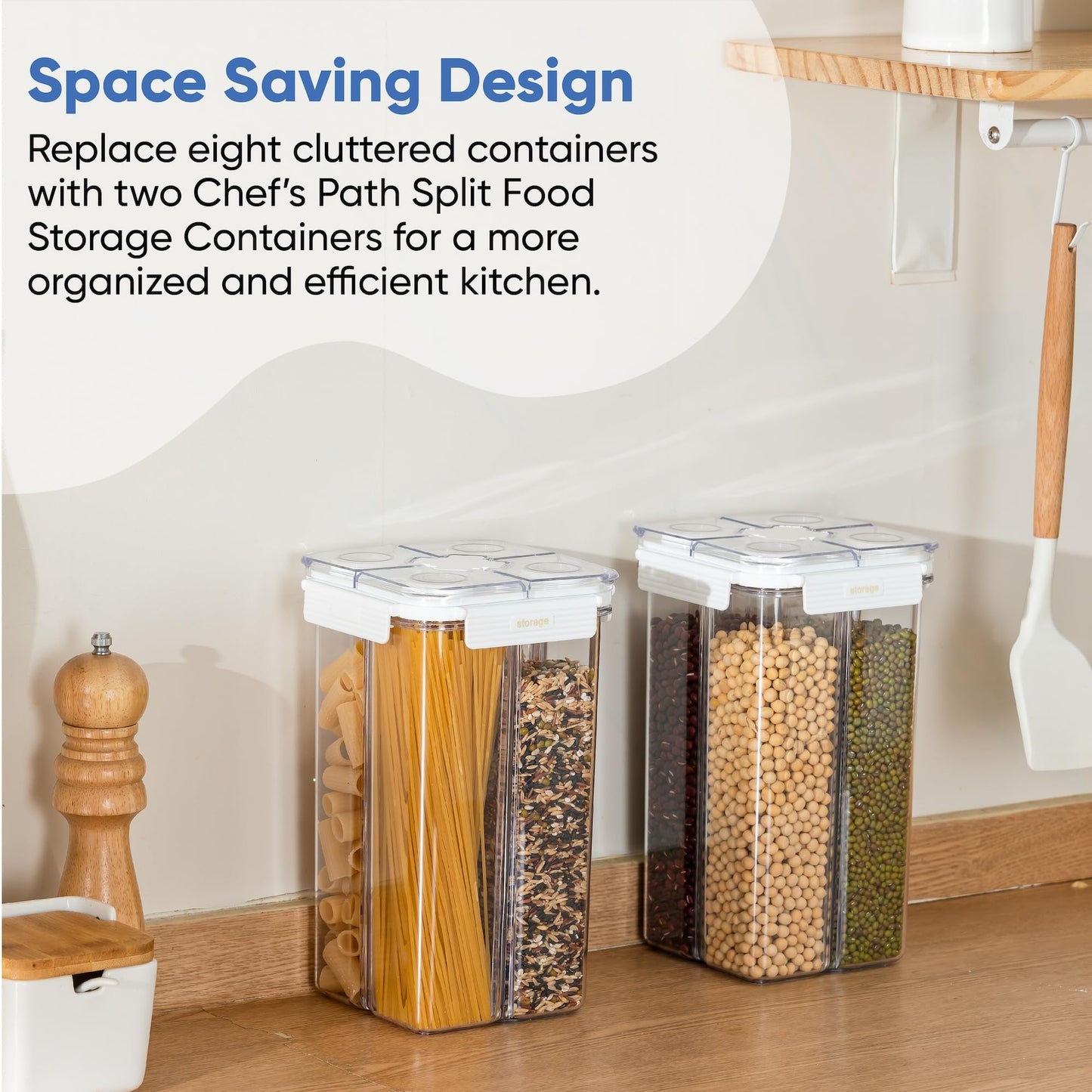 Chef's Path Customizable Airtight Pantry Storage Containers with Lids, 4 Adjustable Compartments - BPA-Free Kitchen Organizers and Storage for Cereal, Pasta, Grains, & More - 2-Pack, 2.4L Containers