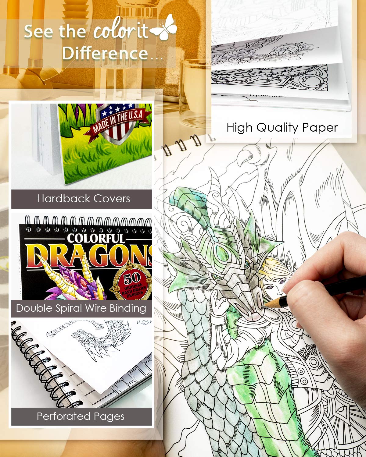 Colorful Dragons Adult Coloring Book - 50 Single-Sided Designs, Thick Smooth Paper, Lay Flat Hardback Covers, Spiral Bound, USA Printed, Dragon Pages to Color