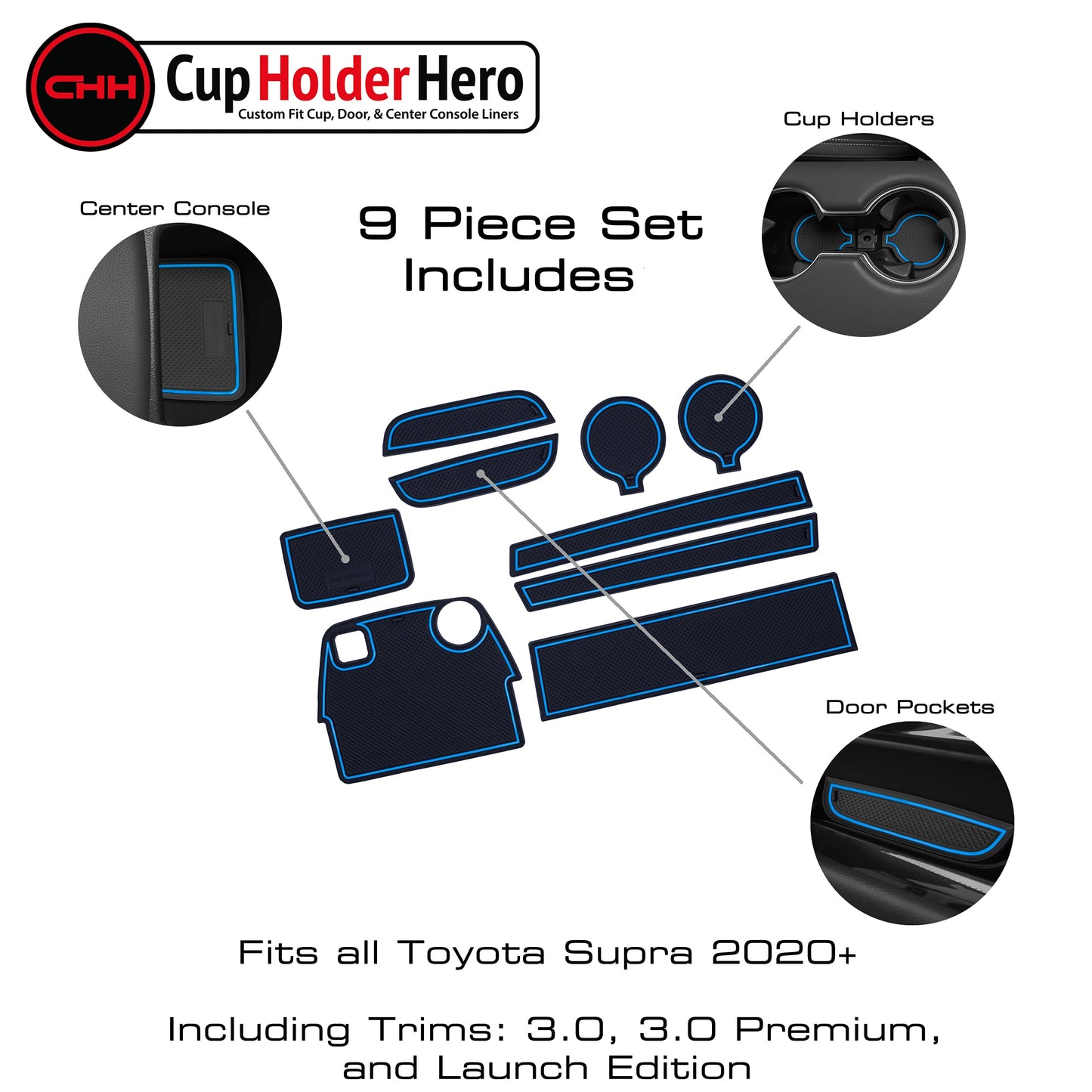 CupHolderHero fits Toyota Supra Accessories 2020-2024 Premium Custom Interior Non-Slip Anti Dust Cup Holder Inserts, Center Console Liner Mats, Door Pocket Liners 9pc Set (Blue Trim)