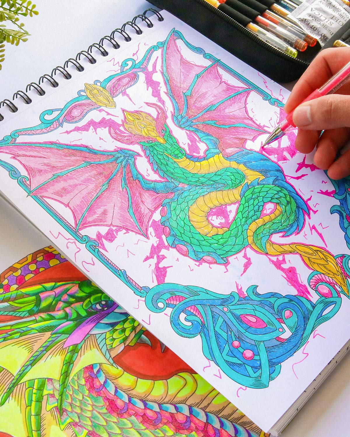 Colorful Dragons Adult Coloring Book - 50 Single-Sided Designs, Thick Smooth Paper, Lay Flat Hardback Covers, Spiral Bound, USA Printed, Dragon Pages to Color