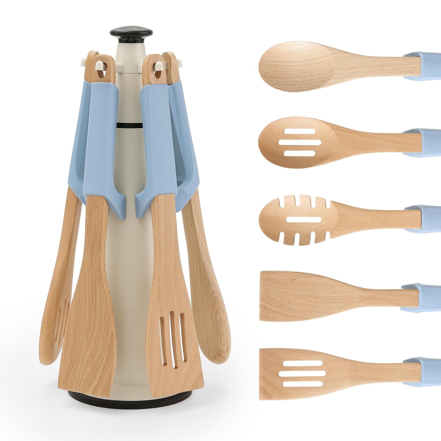 Chef�s Path Wooden Cooking Utensils Set � 5-Piece Beech Wood Kitchen Utensils Set with Silicone Spoon Rest, Wooden Spatula, Serving Spoon, Wooden Spoons for Cooking & Rotating Utensil Holder, Blue