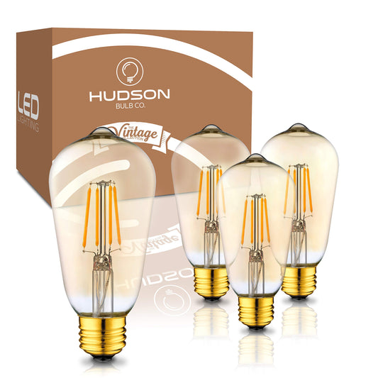 Hudson Vintage LED Edison 4W Light Bulbs (4 Pack) - 2200K Dimmable Warm Lightbulbs (40W Equivalent) - E26/27 Base Amber Gold Tint Glass Light Bulbs - ST58 Style Decorative Light Bulb Set