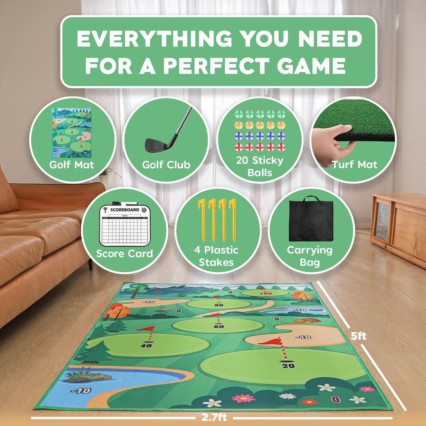 Ecozen Golf Chipping Game Set - Elevate Your Short Game with Premium Turf Mat, Chipping Club, Sticky Balls, Scorecard, and Carrying Bag for Skill Enhancement, Fun, and Portable Practice Anywhere