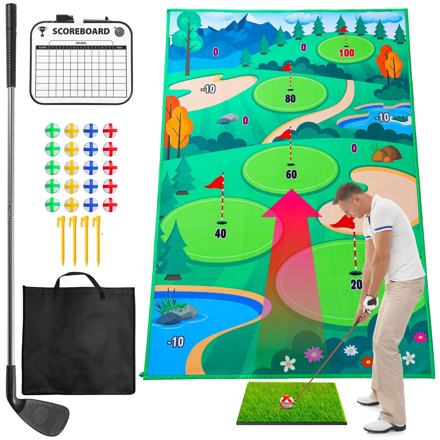 Ecozen Golf Chipping Game Set - Elevate Your Short Game with Premium Turf Mat, Chipping Club, Sticky Balls, Scorecard, and Carrying Bag for Skill Enhancement, Fun, and Portable Practice Anywhere