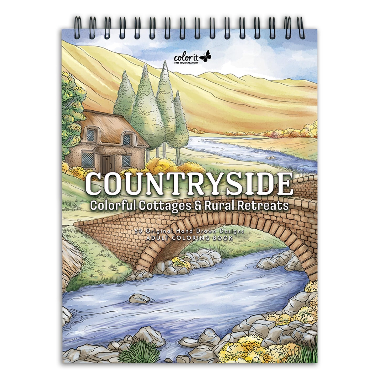 ColorIt Countryside: Colorful Cottages and Rural Retreats Spiral Bound Adult Coloring Book, 50 Illustrations of Country Scenes, Thick Paper, Perforated Paper, Lay Flat Hard Cover, Ink Blotter Paper