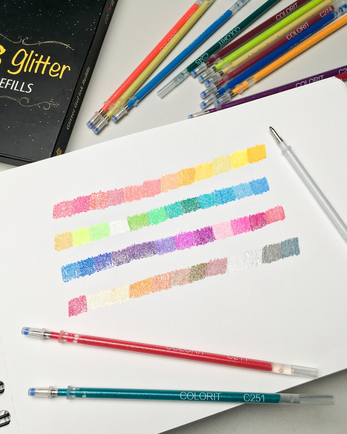 ColorIt 48 Gel Pen Ink Refills for Glitter, Metallic, and Neon - Color Coded for Easy Replacement