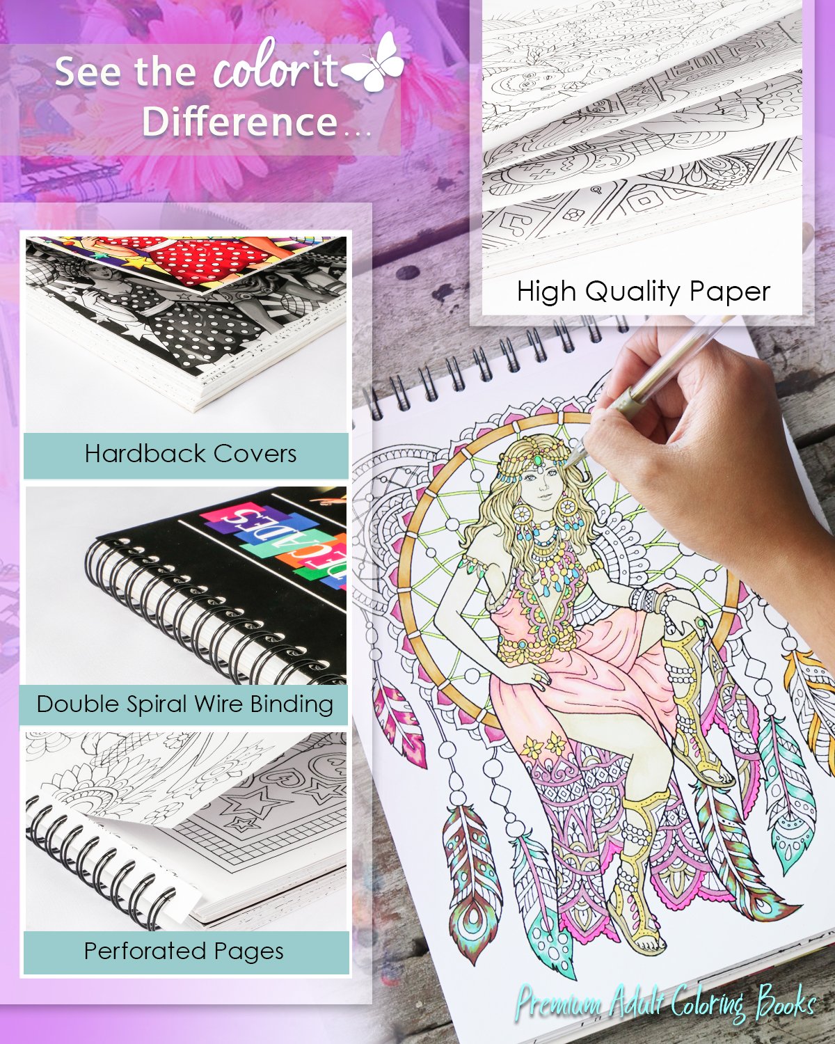 Colors of the Decades Adult Coloring Book - Features 50 Original Hand Drawn Designs Printed on Artist Quality Paper with Hardback Covers, Top Spiral ... Pages, and Bonus Blotter by ColorIt