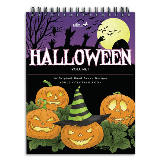 ColorIt Halloween Adult Coloring Book, 50 Original Drawings of Spooky Monsters, Halloween Treats, and Halloween Decorations, Spiral Binding, USA Printed, Lay Flat Hardback Book Cover, Blotter Paper