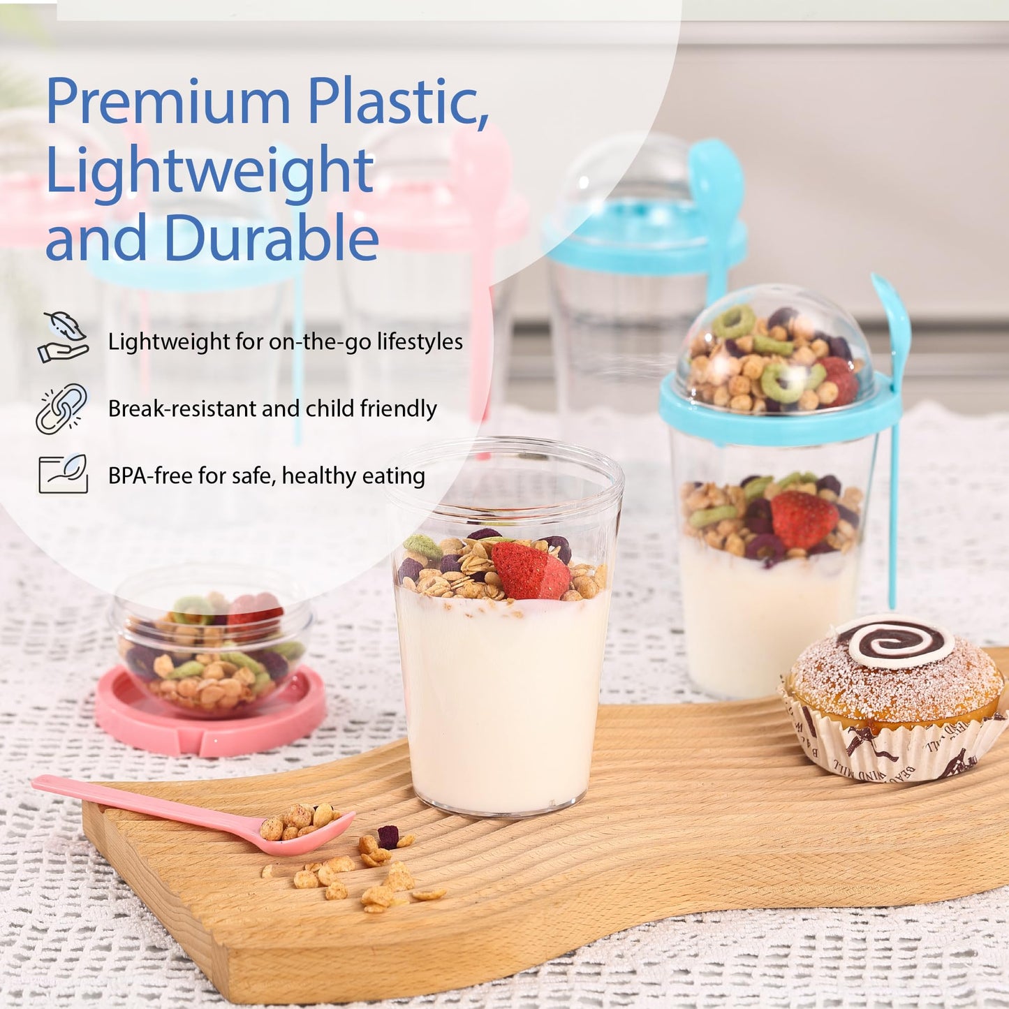 6-pack of Chef's Path Overnight Oats Containers with Lids and Spoons, 14 oz Capacity. Airtight, Plastic, Large Jars for Milk, Cereal, and Fruit