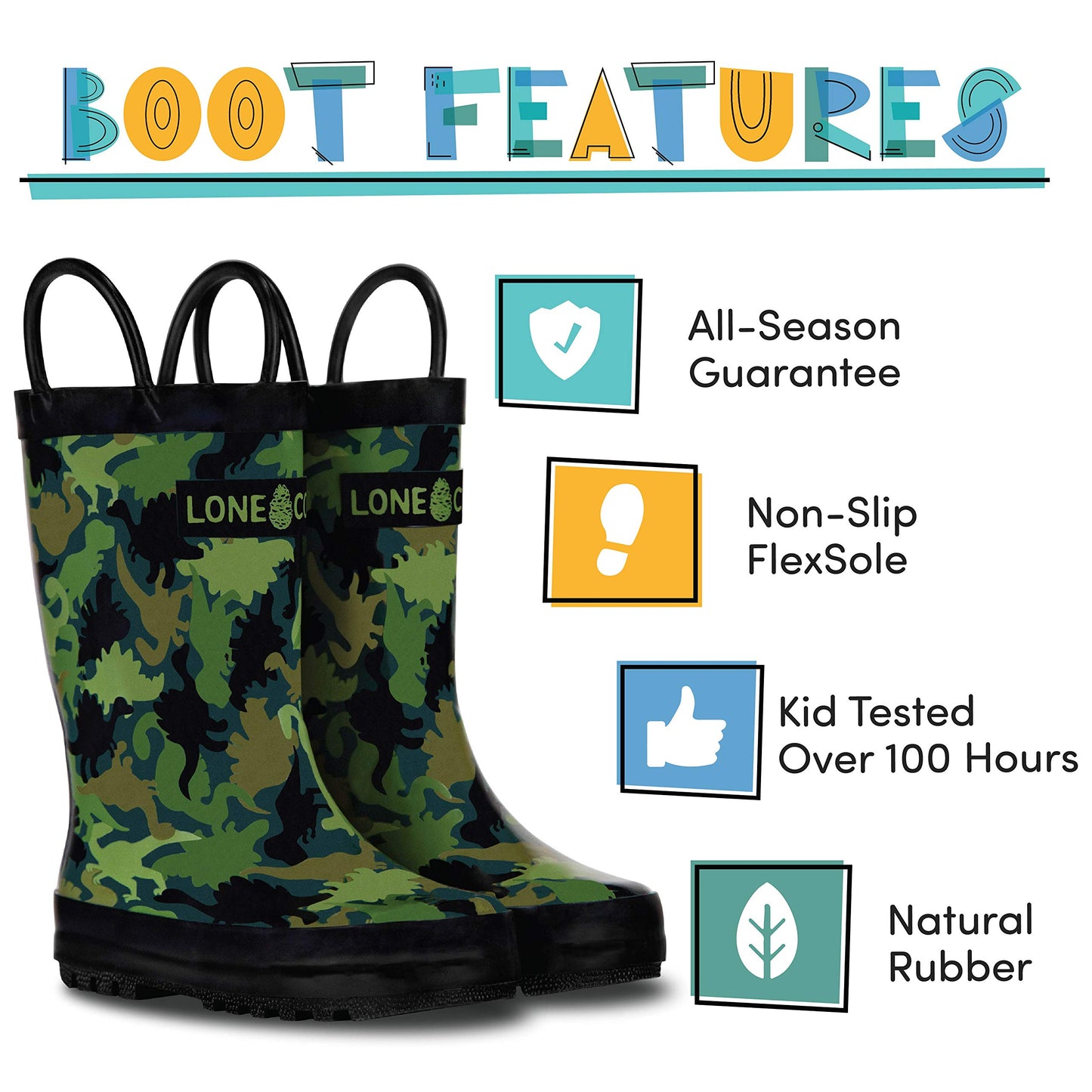 Lone Cone Rain Boots with Easy-On Handles in Fun Patterns for Toddlers and Kids, Camo-Saurus, 7 Toddler