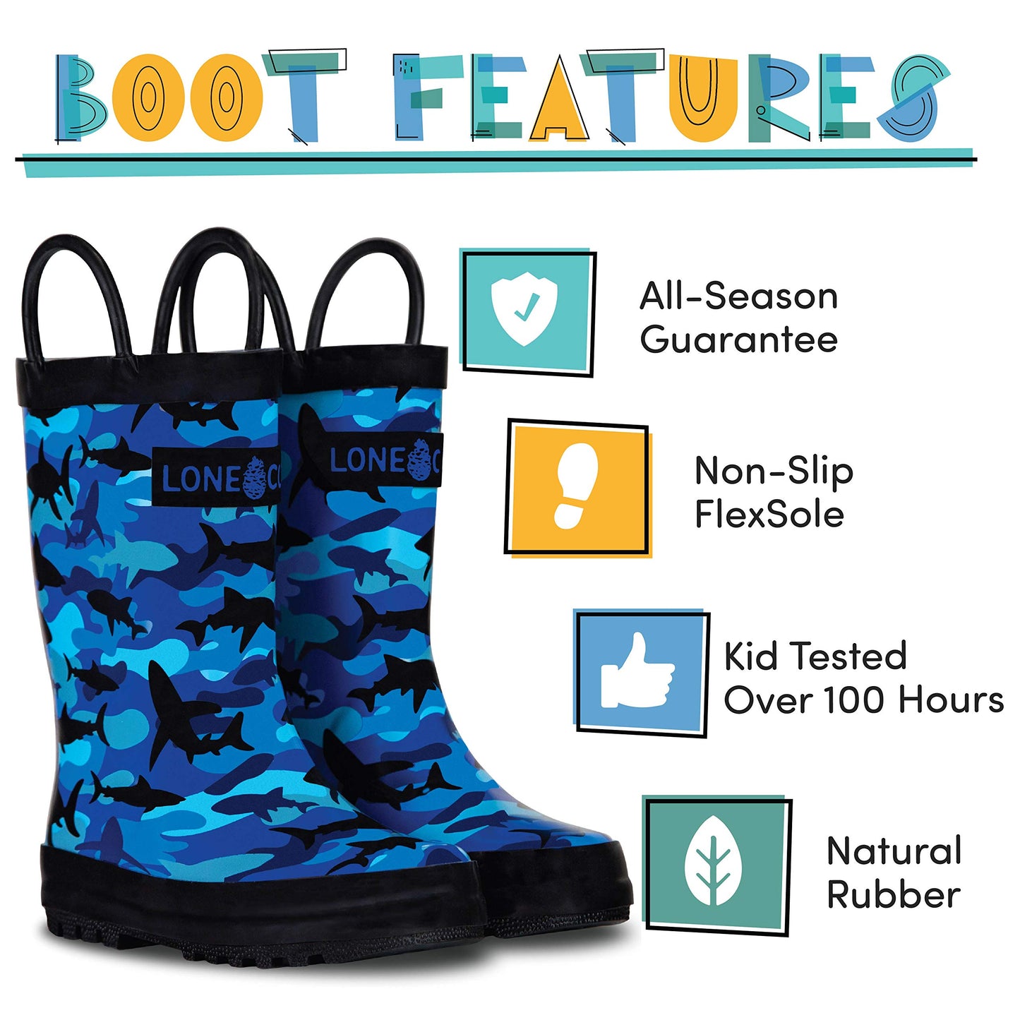 Lone Cone Rain Boots with Easy-On Handles in Fun Patterns for Toddlers and Kids, Shark Shadows (Camo), 4 Big Kid