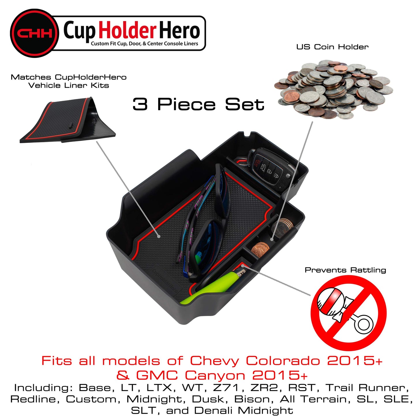 CupHolderHero Chevy Colorado 2015-2022 - Premium Console Tray Organizer with Liners Kit